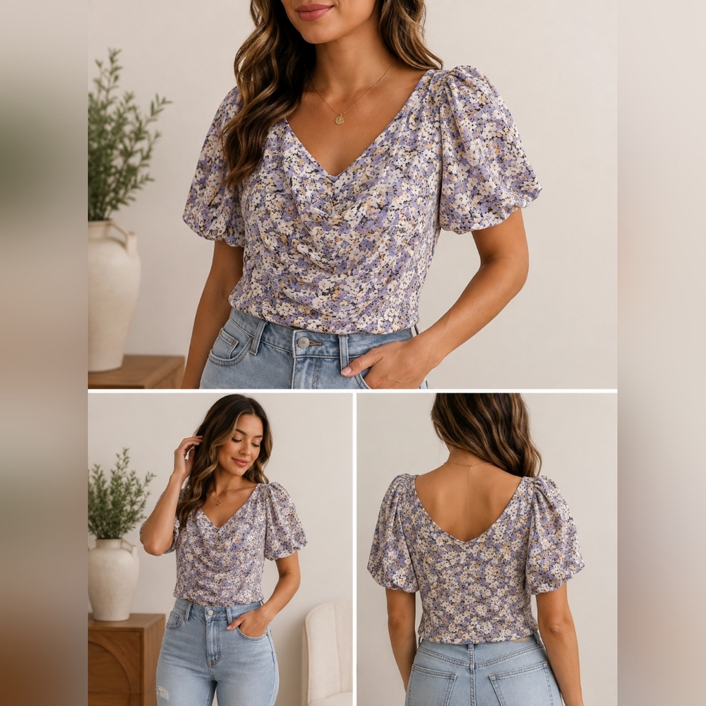 Floral Puff-Sleeve V-Neck Blouse - Lavender/White